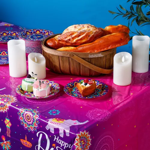 Miniatura 4 de Peryiter Happy Diwali Mantel desechable, mantel de plástico para mesas rectangulares, mantel Diwali para decoración de fiesta, celebración de luz