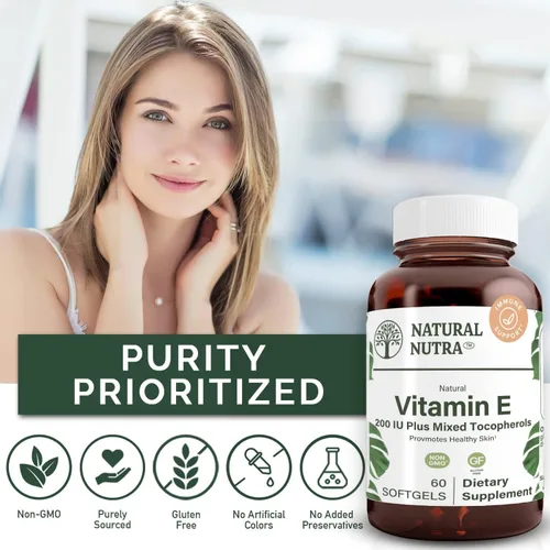 Miniatura 4 de Natural Nutra Suplemento de vitamina E de 200 UI para piel, cabello y uñas, promueve la salud del corazón, ayuda a prevenir la piel dañada, promueve