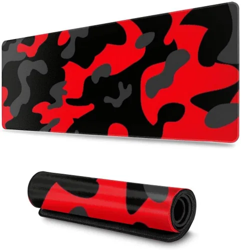 Alfombrilla de mouse para juegos con diseño de camuflaje rojo y negro, tamaño XXL, XL, grande, extendida, alfombrilla de escritorio de goma