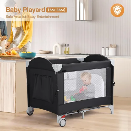 Miniatura 4 de JOYMOR Paquete y juego 4 en 1, cuna de cabecera para bebé, parque infantil resistente con colchón acolchado y barra de música con animales suaves