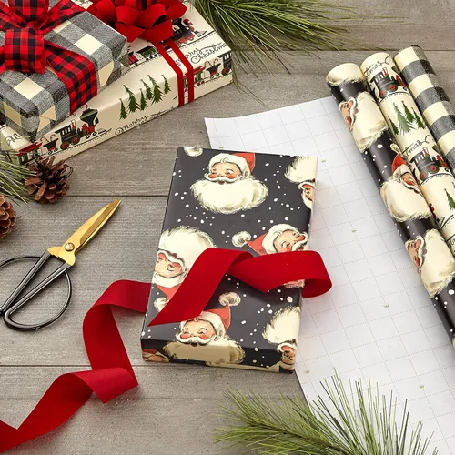 Miniatura 2 de Hallmark - Papel de regalo de Navidad negro con líneas de corte en el reverso (3 rollos: 11.2 m2) Papá Noel retro, cuadros de búfalo blanco y negro