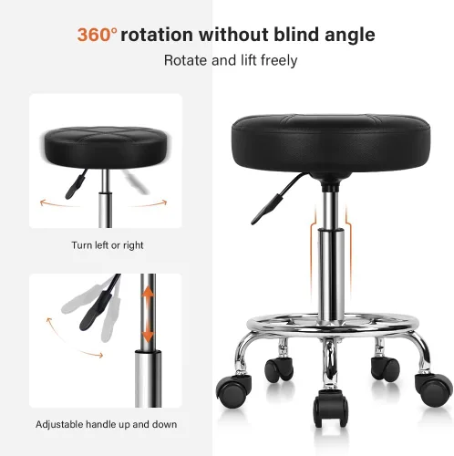 Miniatura 4 de KKTONER - Taburete redondo rodante de cuero sintético PU, altura ajustable, giratorio, para trabajo de dibujo, spa, tienda médica, salones, Negro
