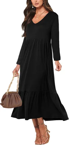 Paintcolors Vestido largo casual de manga larga con cuello en V para mujer, vestido escalonado, color sólido, holgado, con vuelo, vestido midi