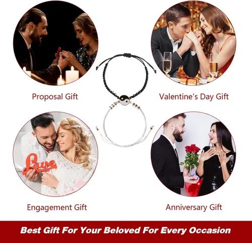 Miniatura 39 de 2 pulseras magnéticas para parejas, piedra natural negra mate, cristal para votos de amor eterno, juego de pulseras de cuentas de piedra de energía