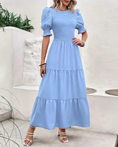 Miniatura 12 de BTFBM Vestidos para mujer, cuello redondo, casual, de verano, con volantes, manga corta, bohemio, con niveles, fruncido, largo, con estampado floral