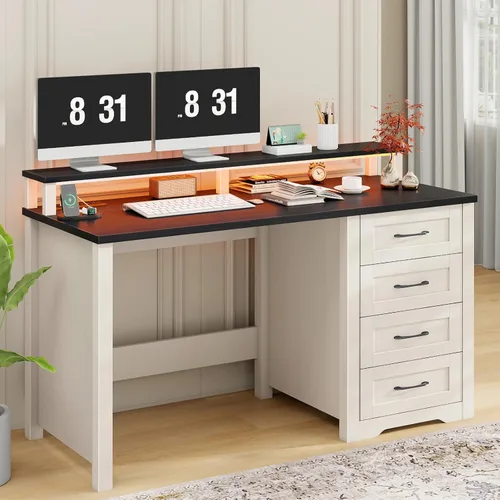 Miniatura 9 de Vabches 47" Farmhouse Executive Desk with Monitor Stand & File Cabinet,3 Drawers Computer Desk with LED Lights and Power Outlets,Workstation for