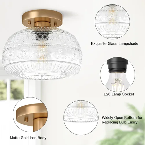 Miniatura 5 de Lámpara de Techo Semiempotrada, Luminaria Moderna Mejorada Cerca del Techo con Vidrio Transparente, Dorada, Iluminación Interior para Cocina