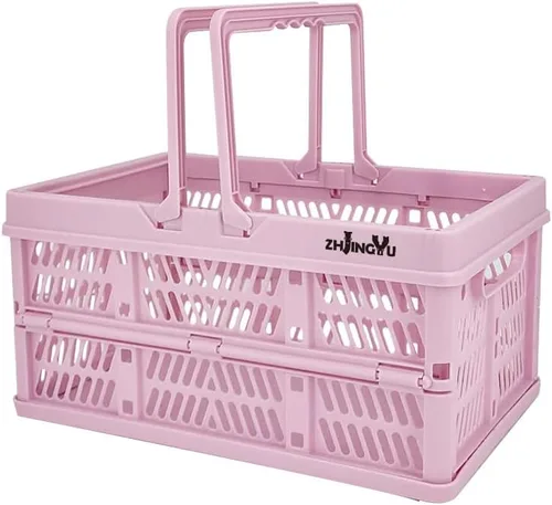 ZHJINGYU cajas para almacenamiento, cestas de plástico para organizar, cesta de compras plegable, caja plegable con asas, caja de almacenamiento Rosa