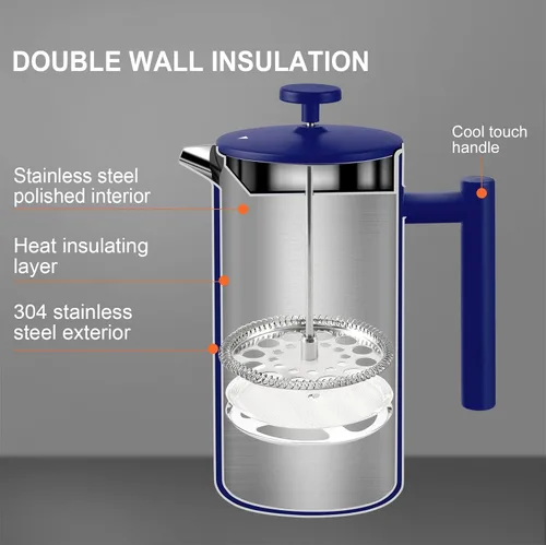 Miniatura 5 de Secura Cafetera de Prensa Francesa, Prensa de Café de Acero Inoxidable de Doble Pared Grado 304 con 2 Filtros Adicionales, 34 oz (1L), Azul