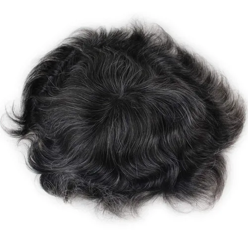 Miniatura 7 de Voloria Encaje francés de cabello humano real con PU piel fina Stock Toupee Hair Pieces 1B Mix 20% Color de pelo gris Mezcla 1B 20% cabello gris
