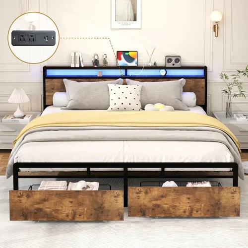 Miniatura 8 de Kiivakii Base de cama Queen con cabecero, base de cama de plataforma LED con 4 cajones de almacenamiento, estación de carga integrada, sin ruido