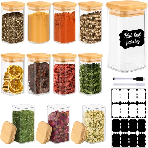 Miniatura 11 de TBWIND Contenedores de almacenamiento de vidrio con tapas de bambú, paquete de 7 tarros herméticos de vidrio transparente en tamaños mixtos