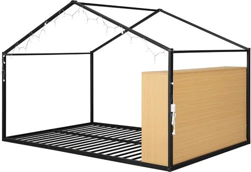 Miniatura 5 de Cama juguetona en forma de casa de tamaño matrimonial con estantes y luces, marco de cama de metal con techo para niños, adolescentes y adultos, un