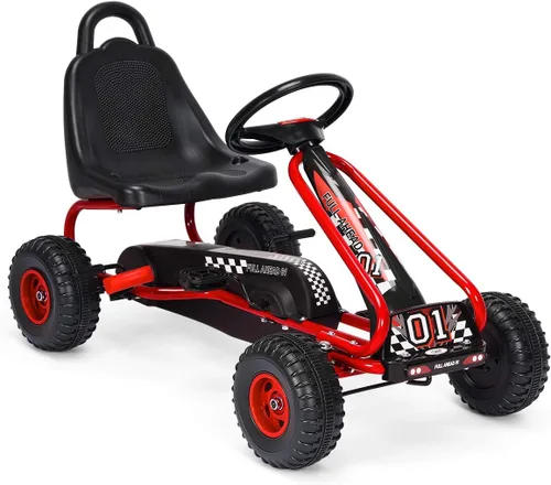 HONEY JOY Go Kart para niños, carrito de 4 ruedas alimentado por pedal con volantes y asiento ajustable, freno de mano de seguridad, neumáticos Rojo