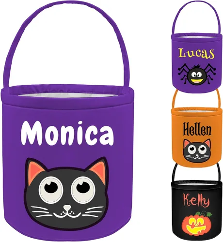 STREADVE Cesta de Halloween para gatos, cubo con nombre personalizado, bolsas de truco o trato, regalo para niños, bolsa de dulces personalizada,