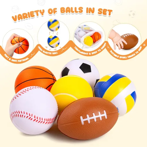 Miniatura 5 de Pelotas para niños pequeños y bebés, juguetes suaves para bebés, paquete de 6 pelotas de espuma de 3.5 pulgadas, conjunto deportivo para niños, 6