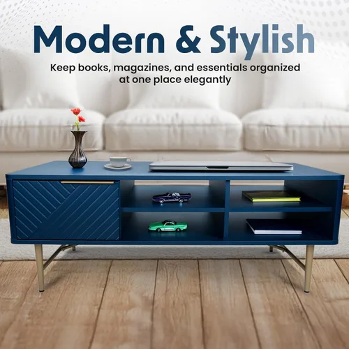 Miniatura 6 de Mesa de centro moderna con almacenamiento, acabado mate azul oscuro con patas doradas, mesa de centro cuadrada para sala de estar y granja