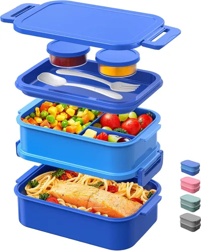 Miniatura 11 de DaCool Lonchera Bento para adultos, caja Bento de 74 onzas, contenedor apilable todo en uno para adultos, caja Bento grande con tenedor, cuchara