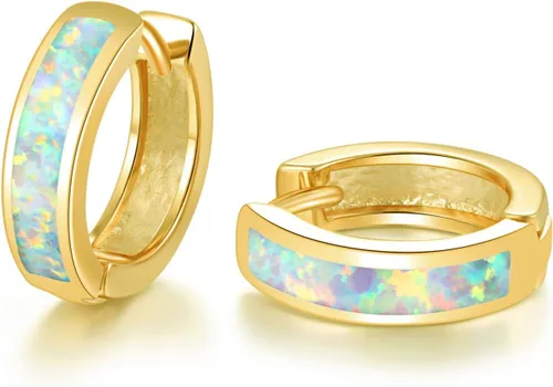 Miniatura 69 de CiNily Aretes Huggie de ópalo con bisagras, chapados en oro, hipoalergénicos, pequeños aretes de aro para mujeres, adolescentes, niñas, hombres