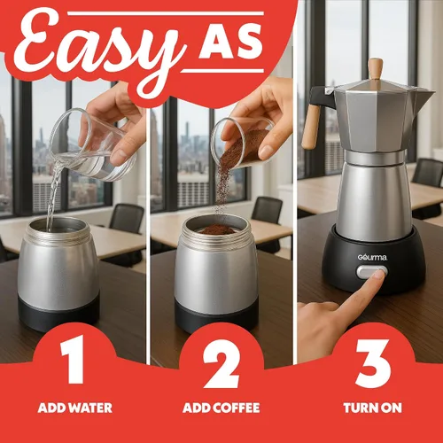 Miniatura 10 de Gourmia Cafetera eléctrica Moka Pot Espresso – Cafetera de estilo italiano de 6 disparos, base inalámbrica desmontable de 360 ° de 550 W, aluminio