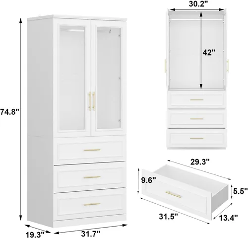 Miniatura 2 de Armario grande con 2 puertas de vidrio templado y 3 cajones, armario alto con barra para ropa, armarios de ropa estilo agitador, color blanco, 31.7