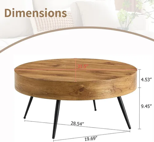 Miniatura 3 de LKTART Mesa de centro para sala de estar, mesas de centro redondas de madera con almacenamiento, mesa de té moderna de centro de metal para Marrón