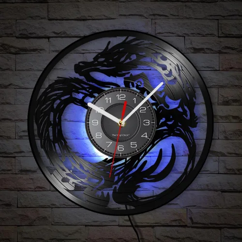 Reloj de pared con diseño de dragón de 12 pulgadas, 7 cambios de color, decoración medieval de fantasía, disco de vinilo, reloj de pared de dragones