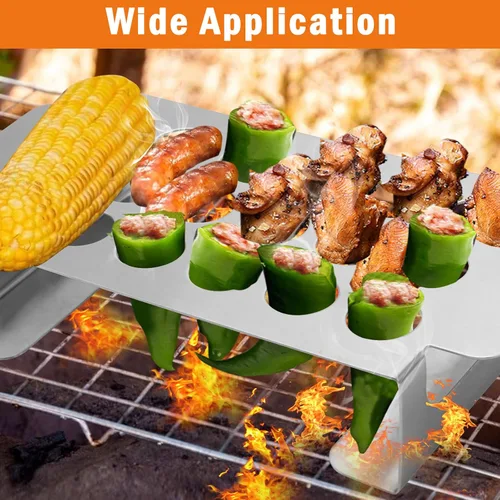 Miniatura 7 de Rejilla de jalapeño negro de 18 agujeros para chile, parrilla de acero inoxidable con asa, soporte de jalapeño para barbacoa, ahumador u horno