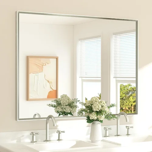 Miniatura 25 de TETOTE Espejo de Baño Dorado de 16" x 20" Latón Dorado Cepillado Rectangular con Marco Biselado Espejo de Tocador de Baño para Sobre el Lavabo