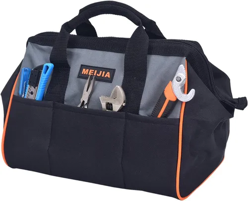 Miniatura 6 de MEIJIA Bolsa de herramientas portátil de boca ancha abierta con múltiples compartimentos, resistente con parte inferior de tablero de polietileno