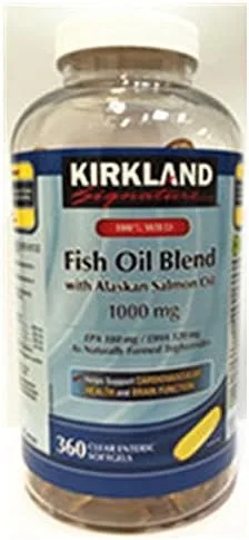 Kirkland Signature 100% mezcla de aceite de pescado salvaje con aceite de salmón salvaje de Alaska 180 EPA 120 DHA 1000 mg - 360 cápsulas blandas
