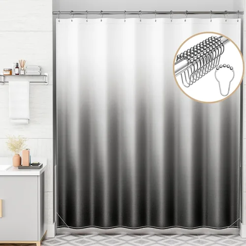 Miniatura 8 de AmazerBath Cortina de ducha, juego de cortina de tela ombre negra con 12 ganchos, cortina de ducha lavable de tela en negro y blanco, cortina