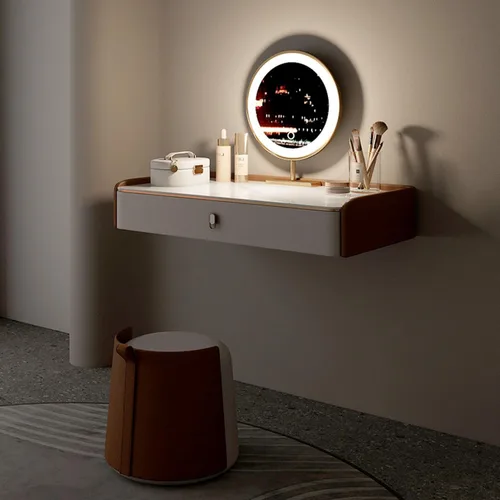 Miniatura 6 de Mesa de tocador de maquillaje montada en la pared con espejo iluminado, estante de almacenamiento de escritorio de maquillaje con cajones y taburete