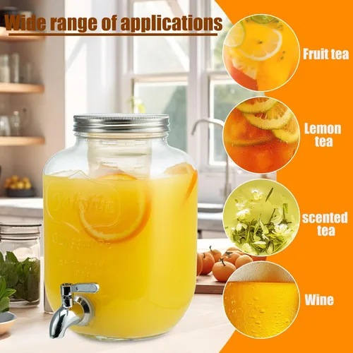 Miniatura 2 de Dispensadores de bebidas de vidrio de 1 galón para fiestas, paquete de 2 dispensadores de bebidas con soporte, cilindro de hielo y espita de acero