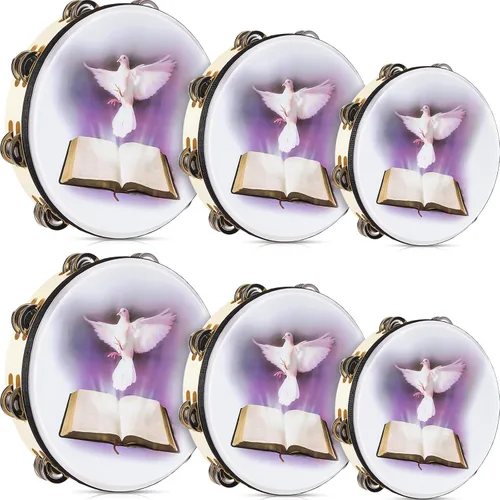Miniatura 8 de Boao - 6 paquetes de pandereta de 6'' 8'' 10'' con diseño de paloma y biblia, pandereta de mano para adultos con doble fila de cascabeles, tambor