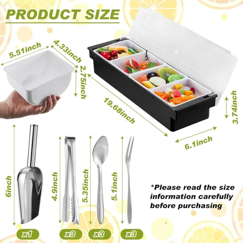 Miniatura 2 de Tessco for you Bandeja de Guarnición con Tapa Organizador de Bar Contenedor de Condimentos Refrigerado con Hielo con Cuchara para Hielo Pinzas