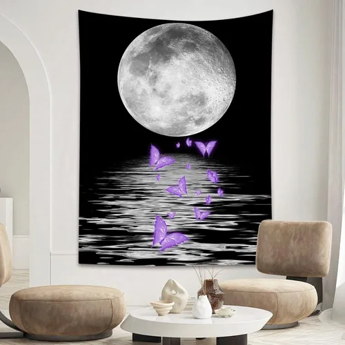 Miniatura 14 de LB Tapiz pequeño de luna llena sobre océano, tapiz de pared de cielo nocturno estrellado, fantasía 3D, arte de pared de luna grande en blanco