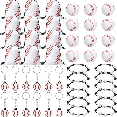 Poen 48 piezas de recuerdos de fiesta de béisbol incluyen 12 mochilas con cordón, 12 mini pelotas de béisbol, 12 llaveros, 12 pulseras trenzadas de