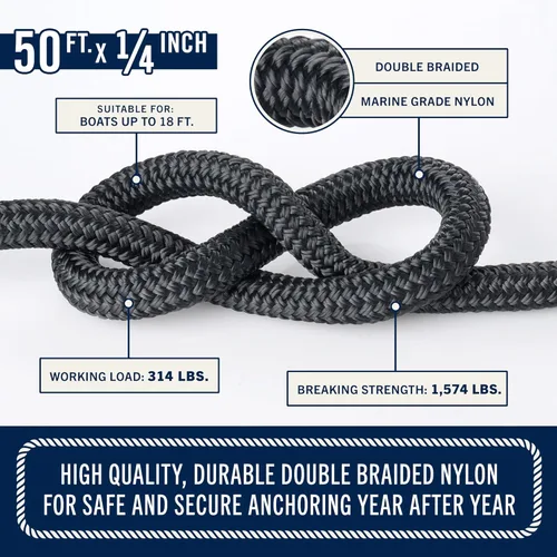 Miniatura 2 de RainierSupplyCo Cuerda de Ancla para Barco - Cuerda Marina de Doble Trenzado Línea de Ancla - 50 pies x 1/4 pulgada Línea de Navegación de Nailon