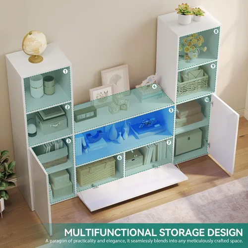 Miniatura 5 de YITAHOME Librería Castle con almacenamiento y luces LED ajustables, estantería blanca en forma de U con gabinete, unidad de visualización UV de alto