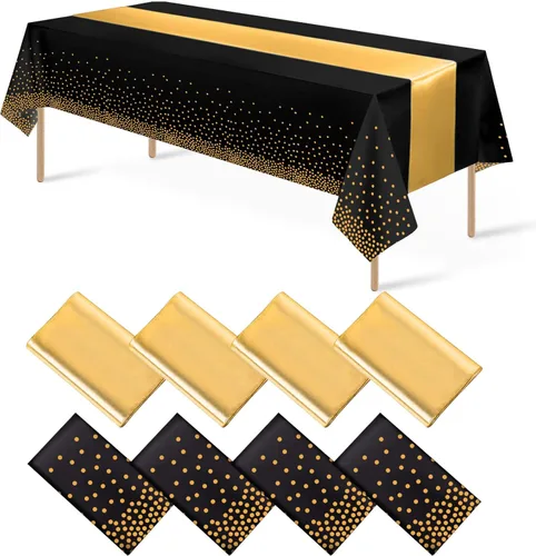 8 paquetes de manteles de plástico desechables y juego de camino de mesa de satén negro con dorado, mantel de satén dorado para graduación, boda,