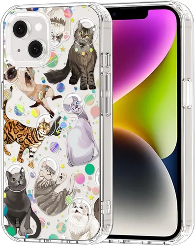 MOSNOVO - Funda para iPhone 13/14, grado militar, probada en caídas de 6.6 pies, transparente con diseño de gato espacial Gato del espacio