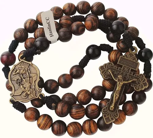 Miniatura 5 de HanlinCC Cuentas de madera maciza hechas a mano de 0.394 pulgadas con piedra de ágata, collar de rosario católico para hombres con pieza central