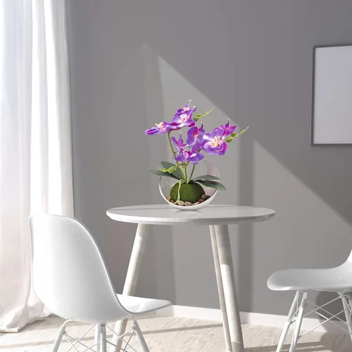 Miniatura 7 de MINYULUA Flor de orquídea artificial, arreglo floral de Phalaenopsis púrpura con jarrón, planta en maceta Bonsái para boda, fiesta, oficina, mesa