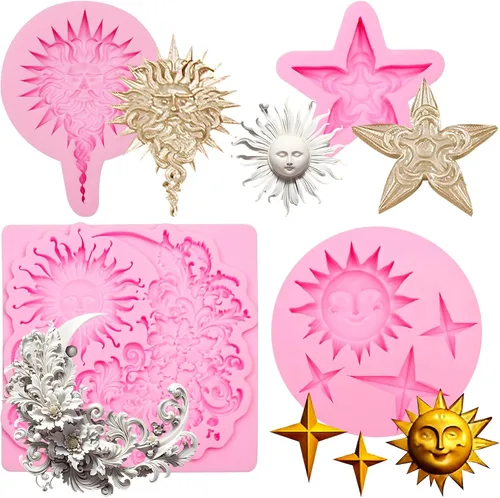 Miniatura 12 de Juego de moldes de silicona, formas de estrella de sol y luna, rosa, moldes para hornear dulces de chocolate, 5 piezas con temática celestial