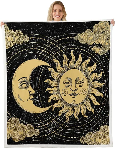 Miniatura 29 de Erosebridal Manta de árbol de la vida, sol y luna para sofá cama, manta de forro polar gótico de polilla trippy, manta de sherpa cósmica