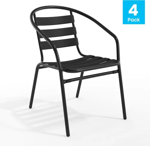Miniatura 8 de EMMA + OLIVER Paquete de 4 sillas apilables de metal negro con respaldo curvado y listones de aluminio