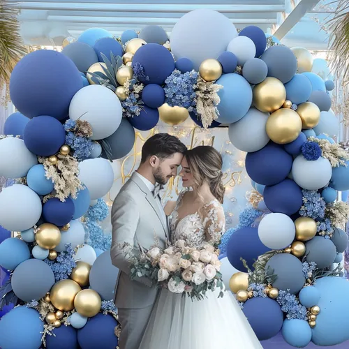 Miniatura 6 de Kit de Arco de Globos Azul Polvoriento Dorado, Kit de Arco de Globos Pastel de Doble Relleno Azul Claro Azul Oscuro Mezclilla Azul Pálido con Globos