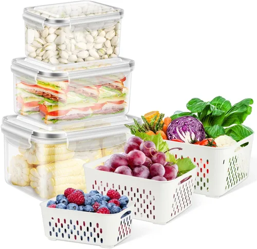 TBMax Contenedores de Almacenamiento de Frutas para Refrigerador, 6 Piezas Conservador de Productos con Colador para Enjuagar, Contenedores de Bayas