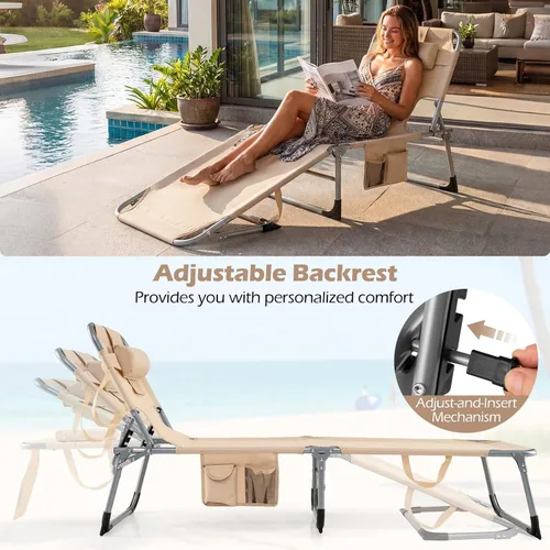Miniatura 8 de Tangkula Silla de Bronceado con Orificio para la Cara, Silla Reclinable Plegable y Ajustable para Patio, Playa, Tomar el Sol con Bolsillo Lateral